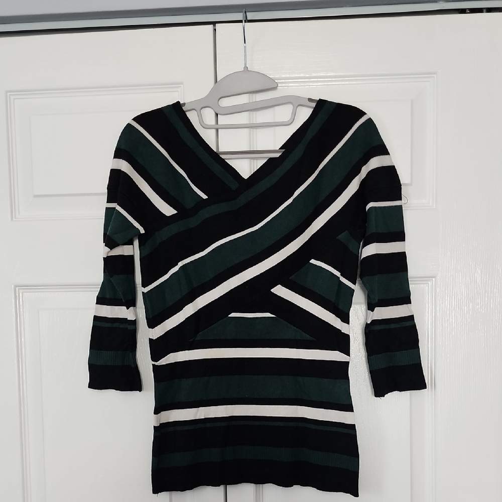 Striped Off-the-Shoulder Sweater - Black, Green  and White